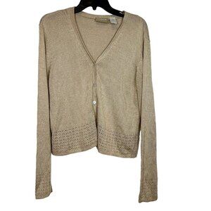 Liz Claiborne Cardigan M Beige Button Down V Neck Open Knit Sweater Size Medium